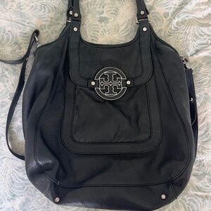 Tory Burch Black Pebbled Leather Hobo with Silver Logo